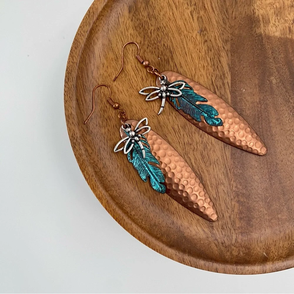 3/$20 Hammered Copper Teal Patina Feather Silver Dragonfly Earrings